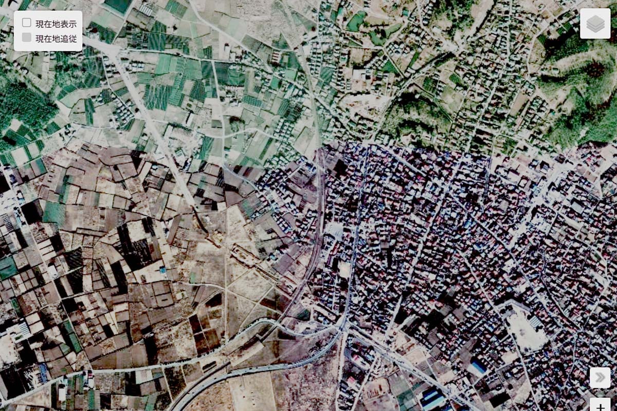 1975年頃の「箱根ヶ崎駅」周辺の航空写真（画像：国土地理院）