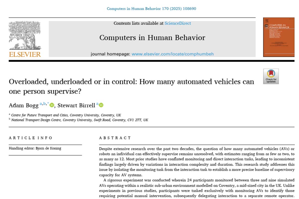 論文「過負荷、過少負荷、あるいは制御下：ひとりの人間が監督できる自動運転車の数は？」（画像：コベントリー大学）