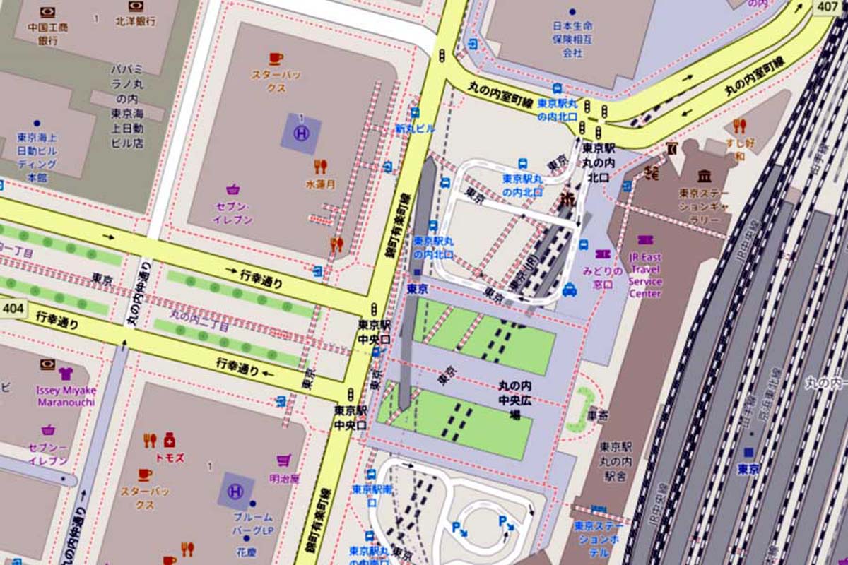 現在の「東京駅丸の内駅前広場」周辺の地図（画像：国土地理院）