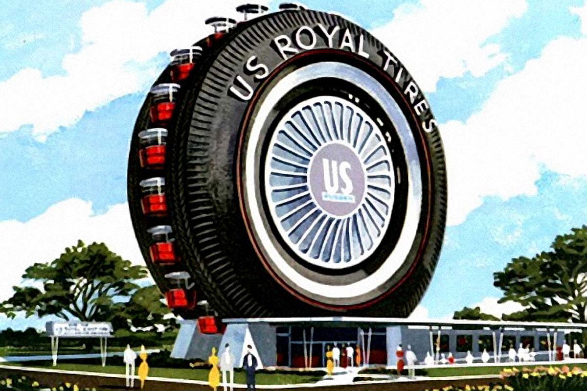 1964年ニューヨーク万国博覧会に出展された、U.S. Rubber Co（US Royal Tires）の「ジャイアントタイヤ」観覧車の水彩画。