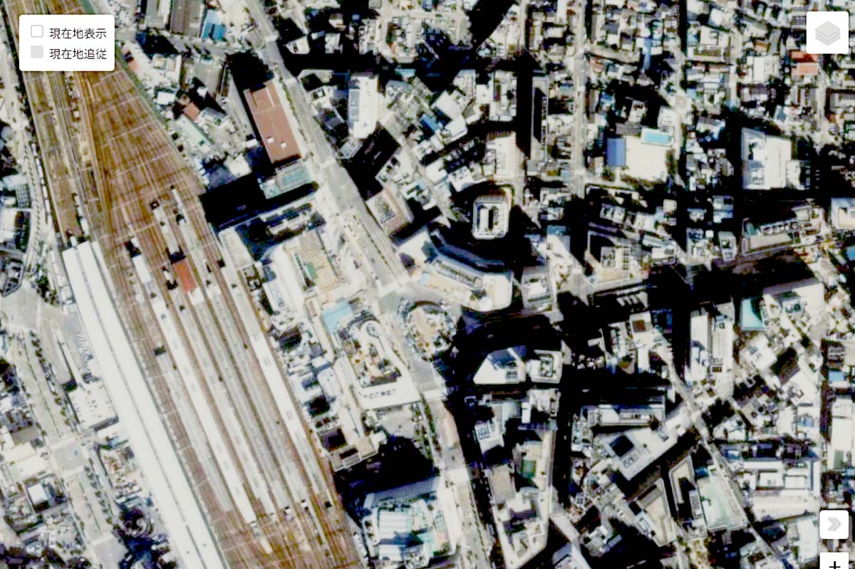 1990年頃の「名古屋駅」周辺の航空写真（画像：国土地理院）