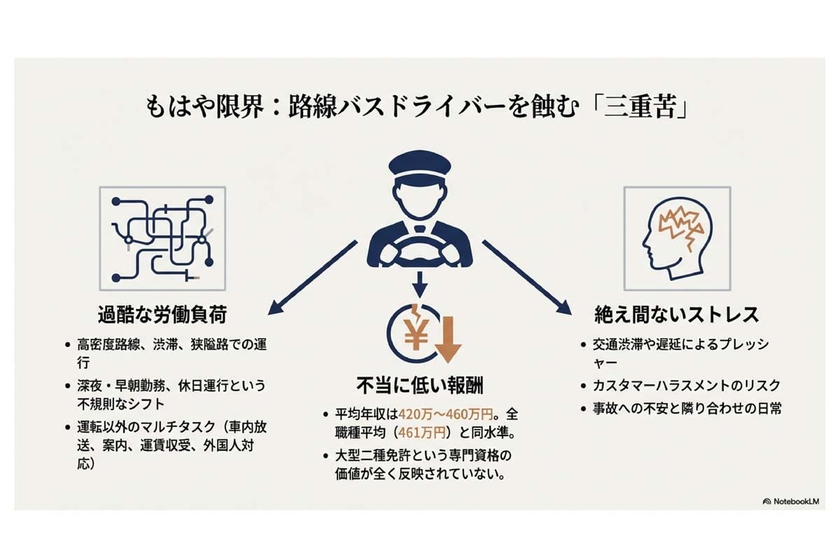西山敏樹氏の弊媒体記事「東京周辺のバス運転手、ぶっちゃけ「最適な年収」はいくらなのか？――500万円？ 公共交通の給与改革を考える」（2025年12月7日配信）をスライド化したもの（画像：Merkmal編集部）