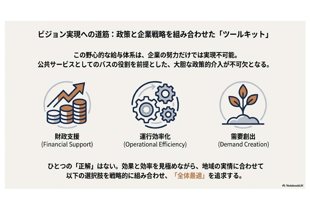 西山敏樹氏の弊媒体記事「東京周辺のバス運転手、ぶっちゃけ「最適な年収」はいくらなのか？――500万円？ 公共交通の給与改革を考える」（2025年12月7日配信）をスライド化したもの（画像：Merkmal編集部）