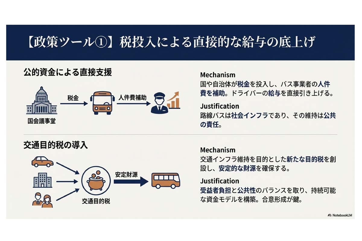 西山敏樹氏の弊媒体記事「東京周辺のバス運転手、ぶっちゃけ「最適な年収」はいくらなのか？――500万円？ 公共交通の給与改革を考える」（2025年12月7日配信）をスライド化したもの（画像：Merkmal編集部）