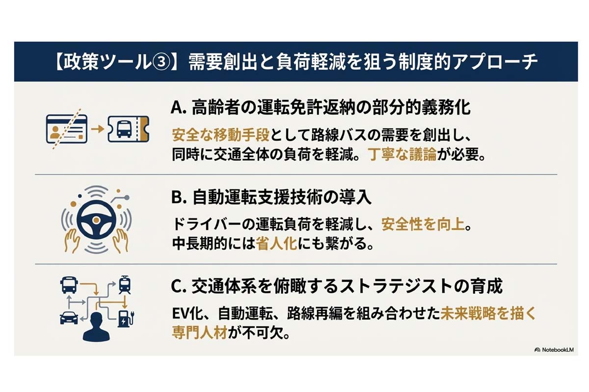 西山敏樹氏の弊媒体記事「東京周辺のバス運転手、ぶっちゃけ「最適な年収」はいくらなのか？――500万円？ 公共交通の給与改革を考える」（2025年12月7日配信）をスライド化したもの（画像：Merkmal編集部）