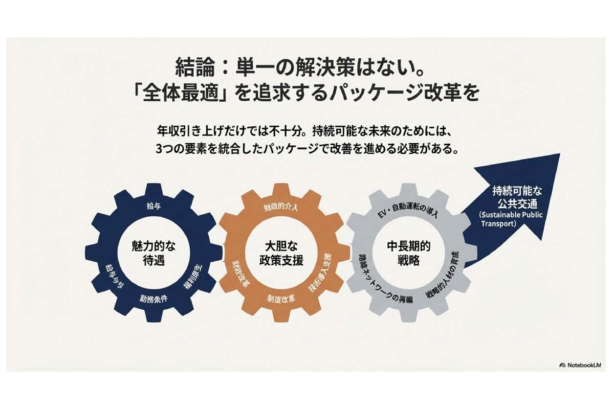西山敏樹氏の弊媒体記事「東京周辺のバス運転手、ぶっちゃけ「最適な年収」はいくらなのか？――500万円？ 公共交通の給与改革を考える」（2025年12月7日配信）をスライド化したもの（画像：Merkmal編集部）