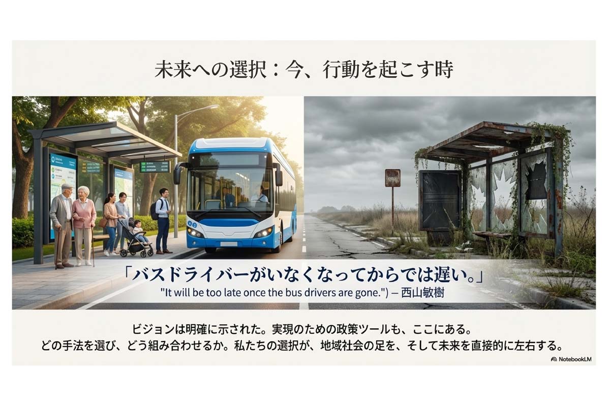西山敏樹氏の弊媒体記事「東京周辺のバス運転手、ぶっちゃけ「最適な年収」はいくらなのか？――500万円？ 公共交通の給与改革を考える」（2025年12月7日配信）をスライド化したもの（画像：Merkmal編集部）
