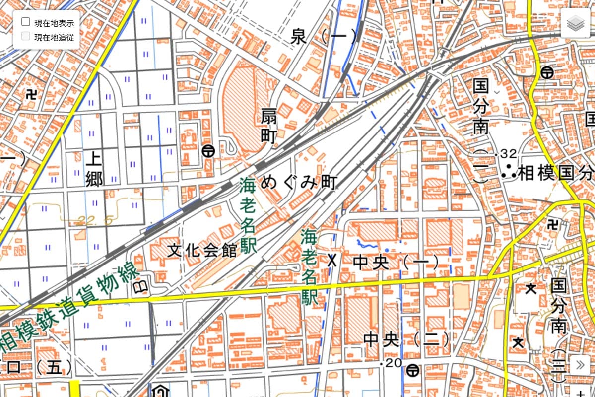 現在の「海老名駅」周辺の地図（画像：国土地理院）
