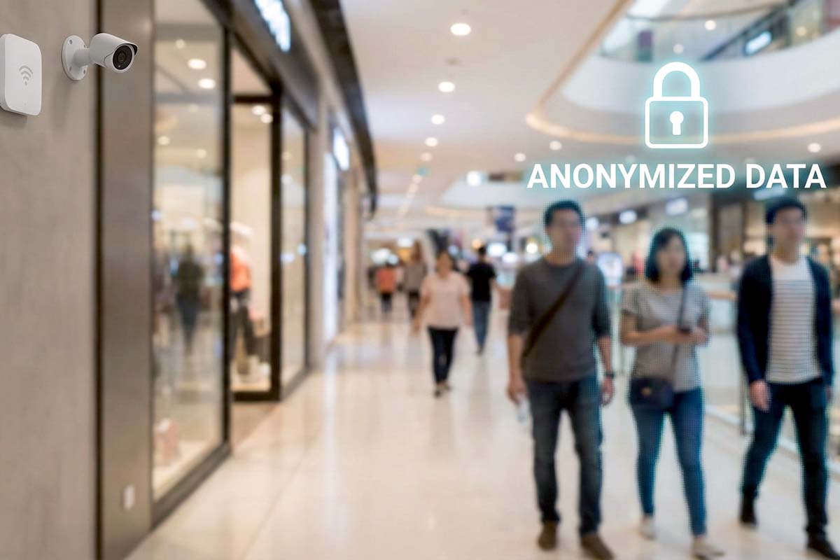 街中に設置されたセンサーが人流データを収集する一方、個人情報保護のためにデータが匿名化され、厳格に管理されているイメージ。