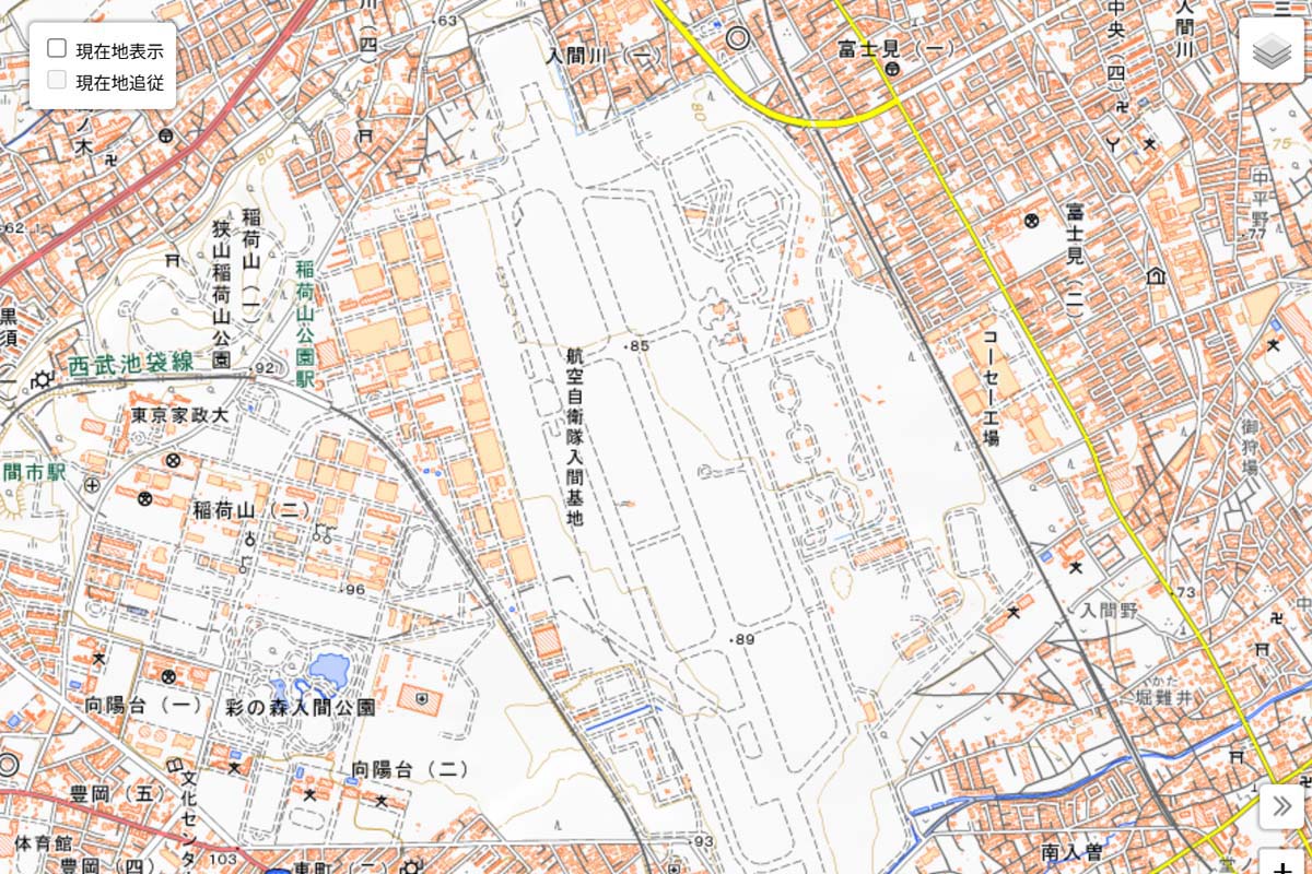 現在の「入間基地」周辺の地図（画像：国土地理院）
