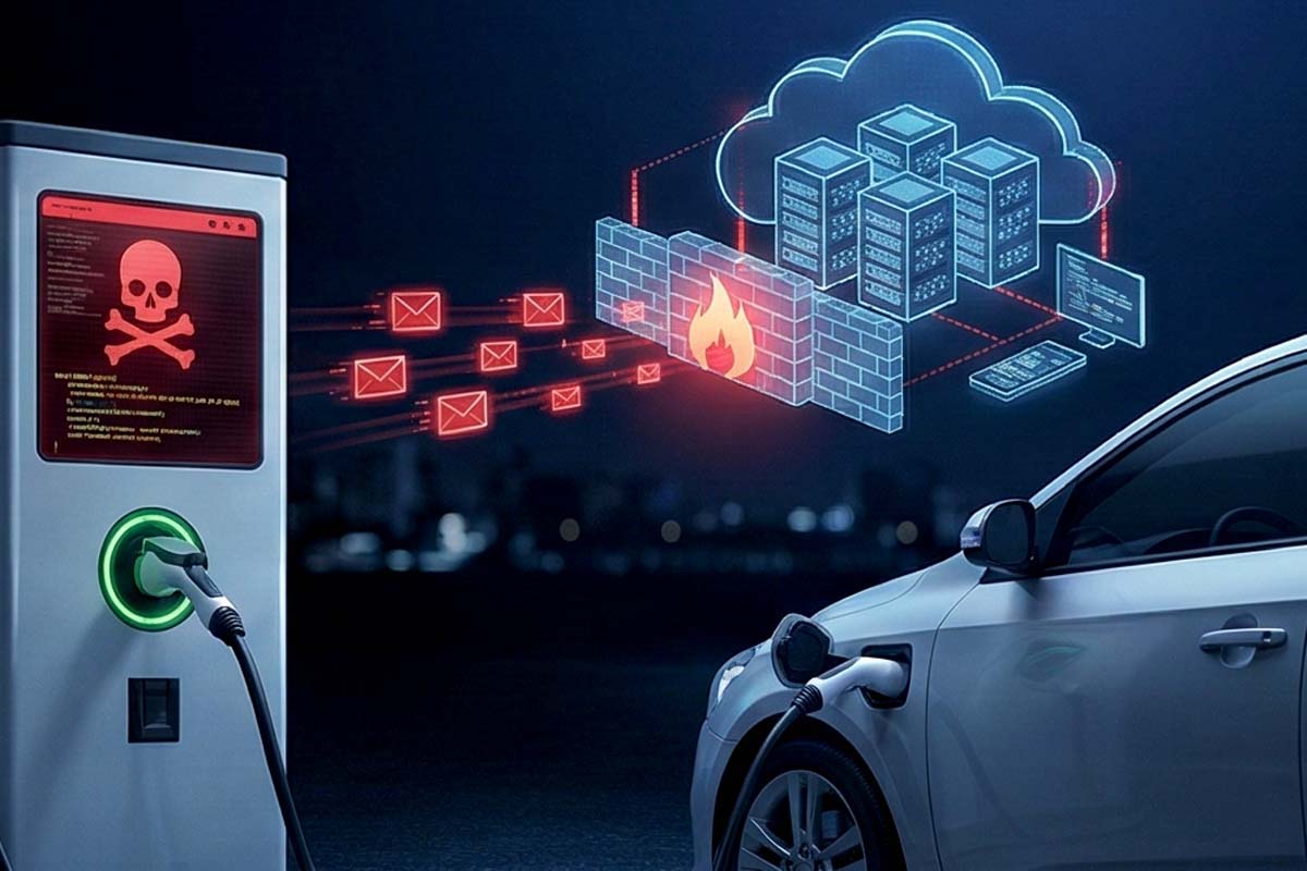 EV充電インフラも標的、広がるサイバーリスクイメージ。