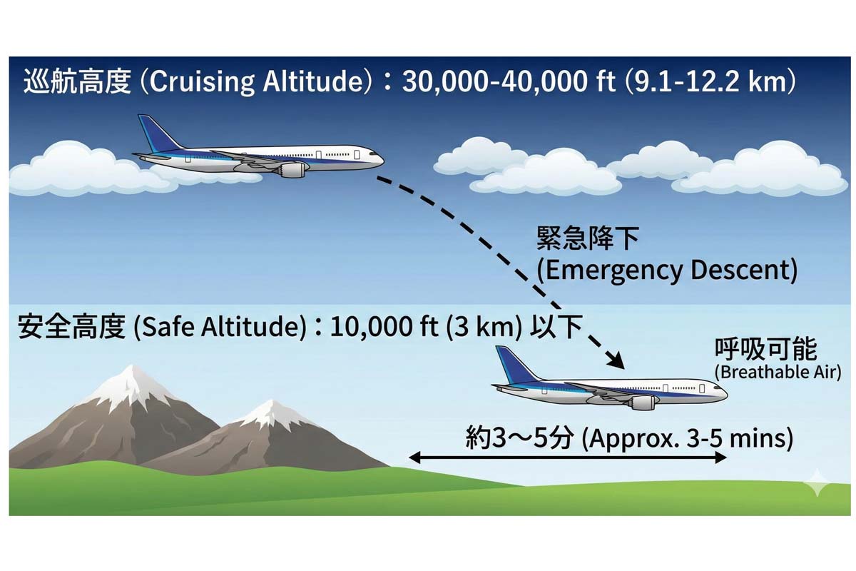高度3万ft超の巡航高度から、呼吸可能な1万ft以下の安全高度へ。酸素マスクはこの緊急降下中の「つなぎ」の役割を果たす。