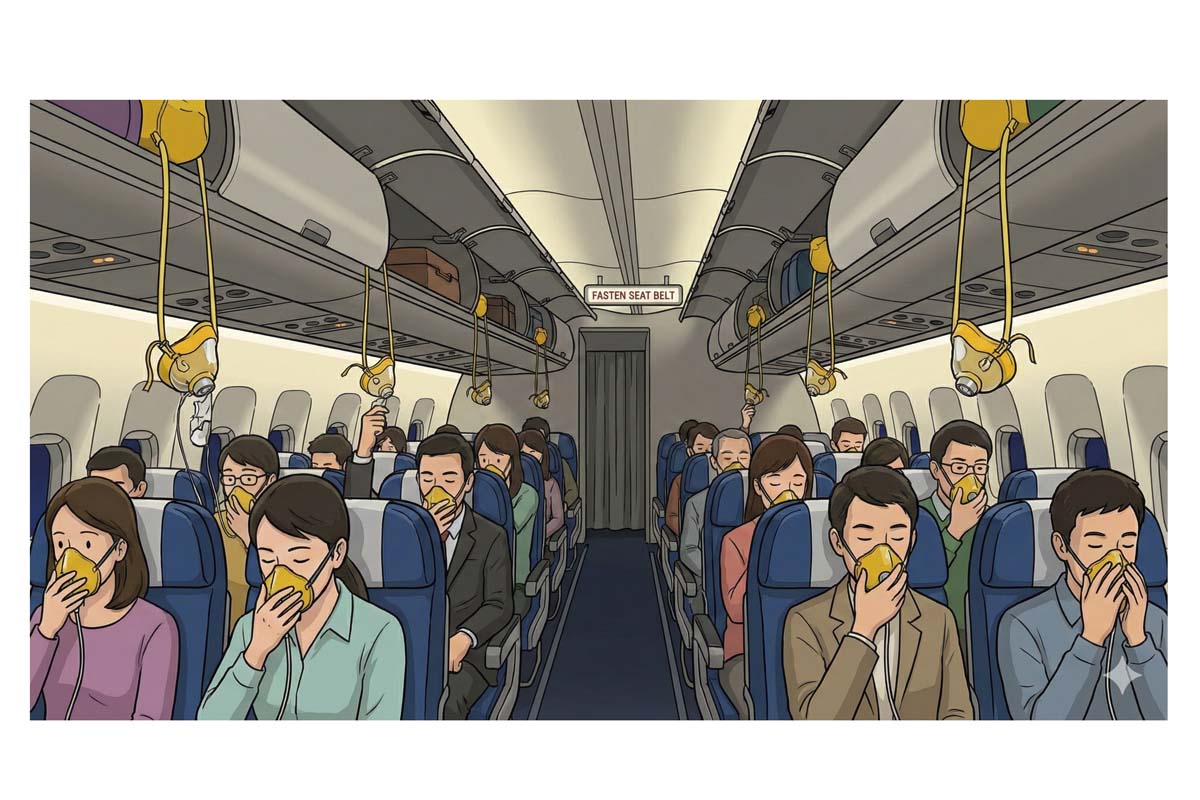 急激な減圧が発生すると、直ちに酸素マスクが降りてくる。低酸素症を防ぐため、違和感がなくても即座に装着することが重要だ。