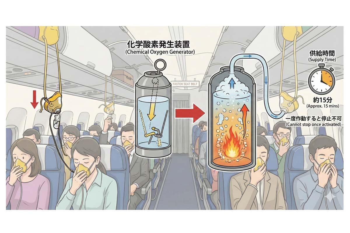 乗客用マスクは軽量な「化学酸素発生装置」を使用。マスクを引き下げると化学反応が始まり、約15分間酸素が供給され続ける。