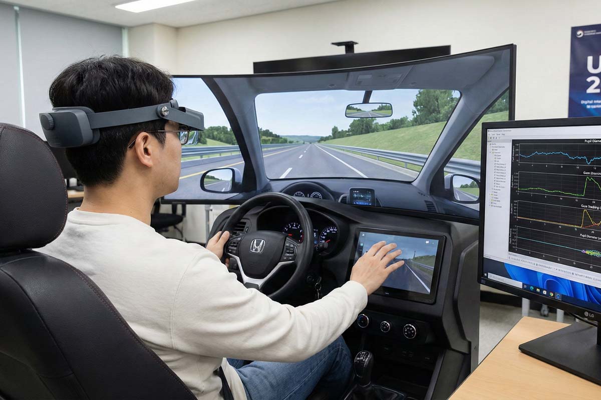 視線追跡センサーを装着したドライバーがシミュレーターを操作しているイメージ。