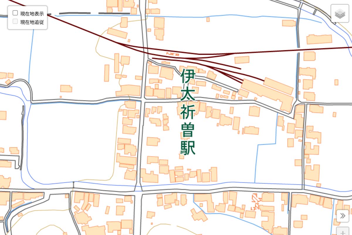 現在の「伊太祈曽駅」周辺の地図（画像：国土地理院）