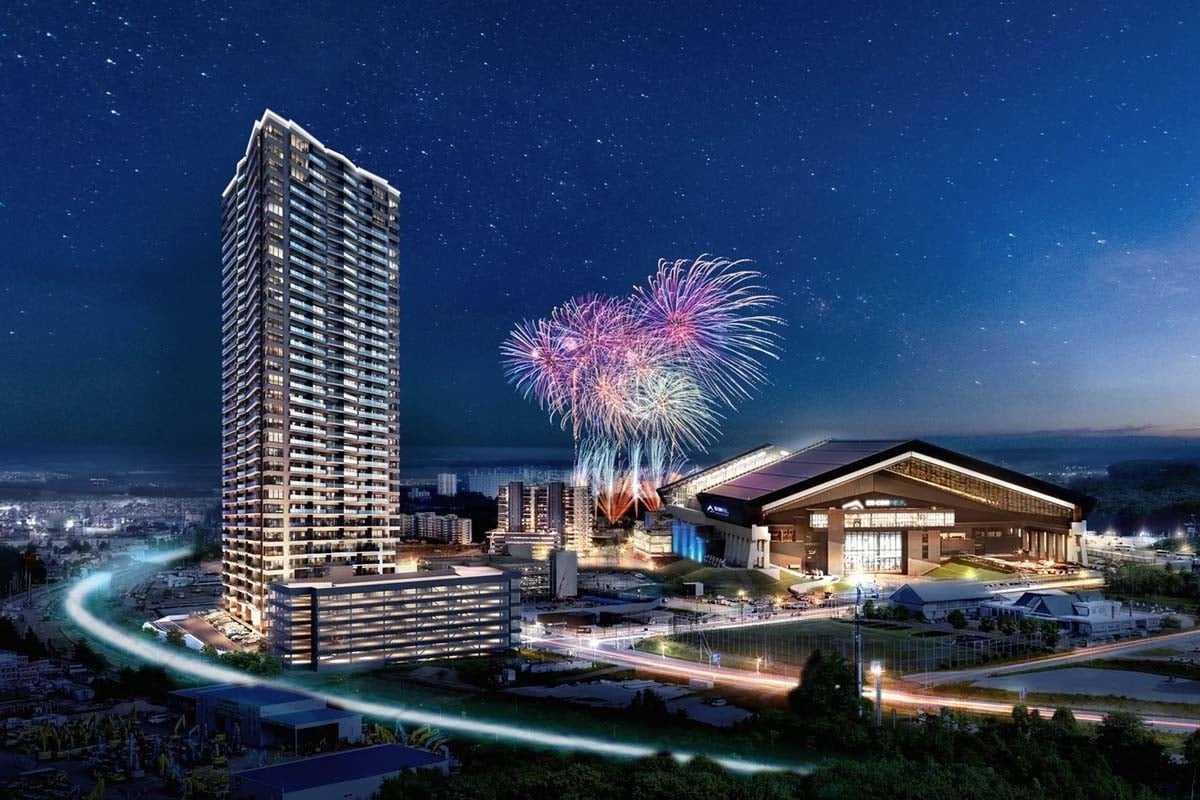 エスコンフィールドHOKKAIDO隣接地でエスコンが着工したタワーマンション（画像：エスコン）