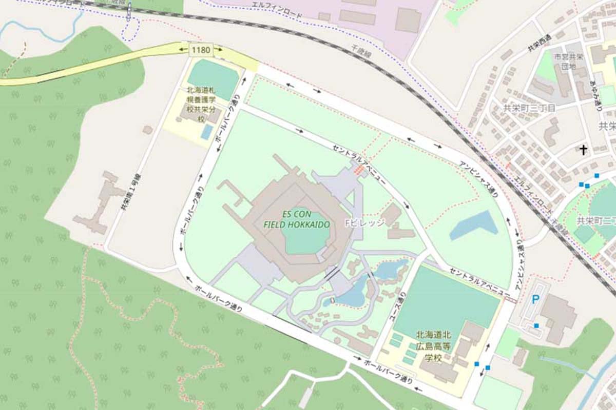 現在の北海道ボールパークFビレッジ周辺の地図（画像：国土地理院）
