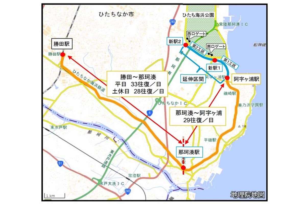 ひたちなか海浜鉄道の既存路線と延伸区間の概略図（画像：関東運輸局）