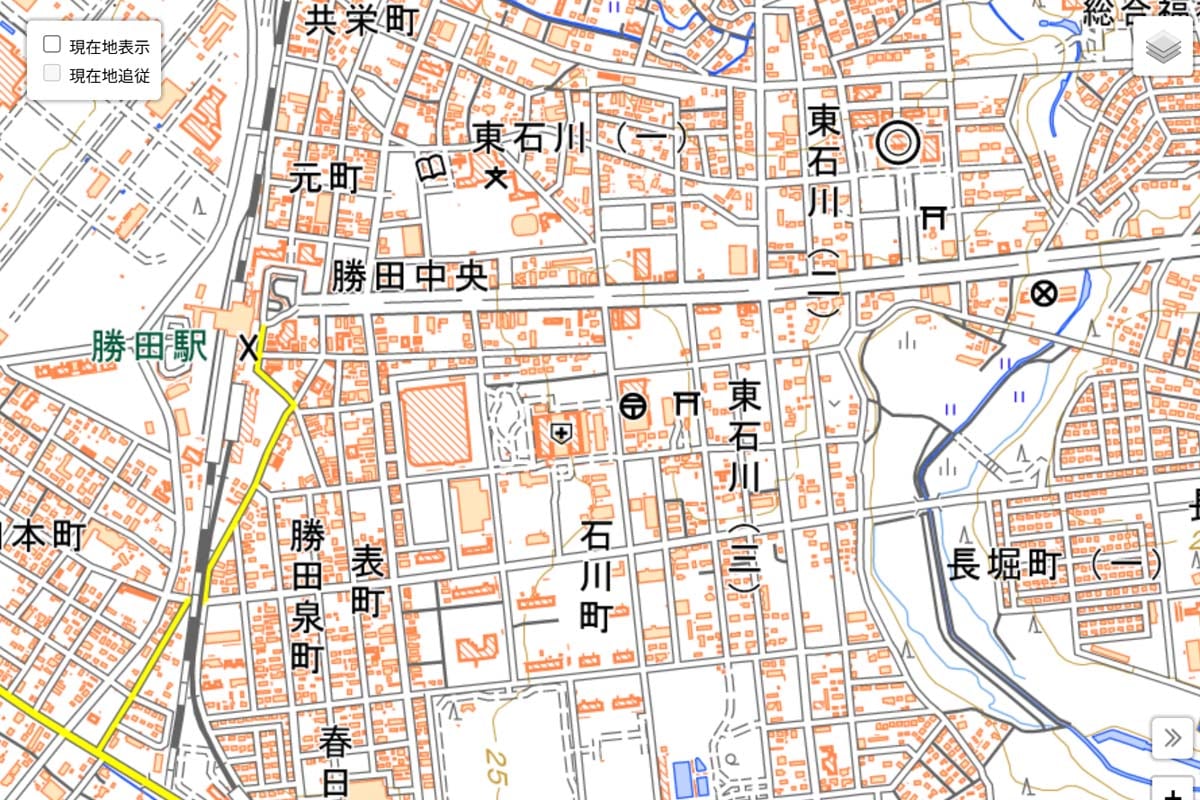 現在の「勝田駅」周辺の地図（画像：国土地理院）
