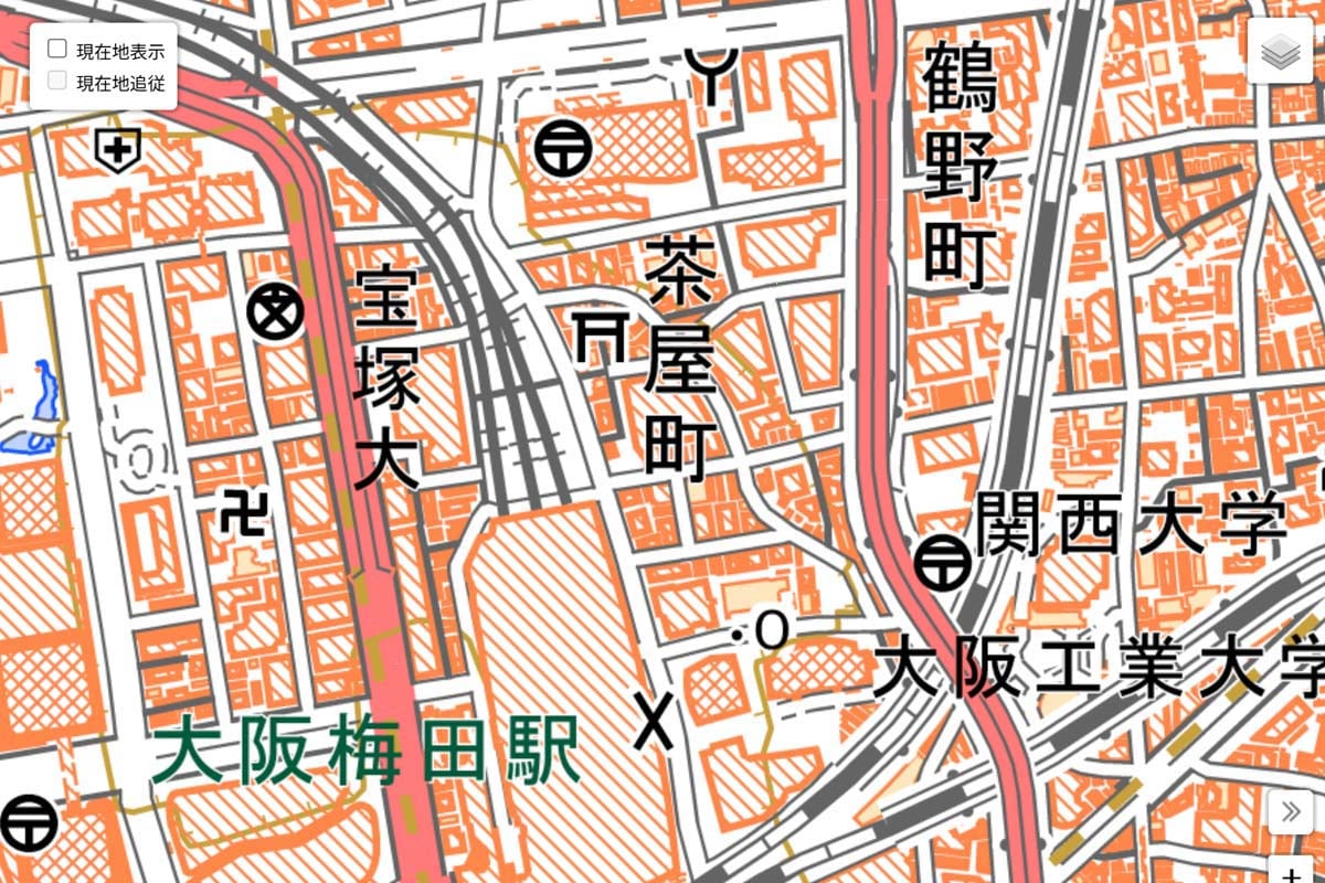 現在の「大阪梅田駅」周辺の地図（画像：国土地理院）