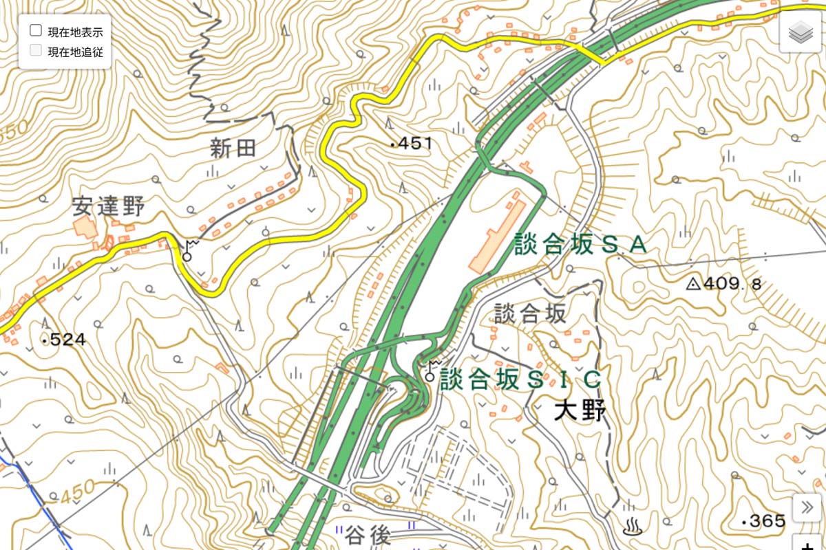 現在の「談合坂サービスエリア」周辺の地図（画像：国土地理院）