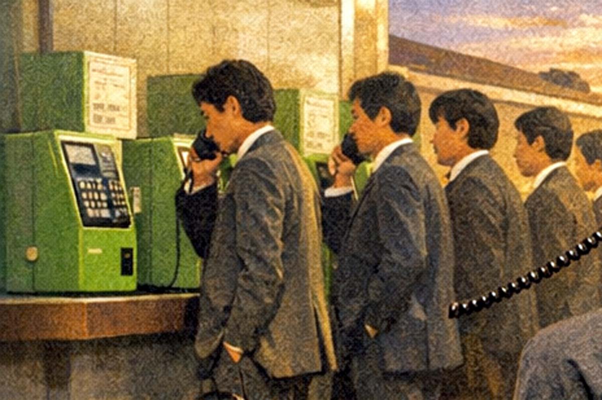 駅で電話する昭和のサラリーマンイメージ。