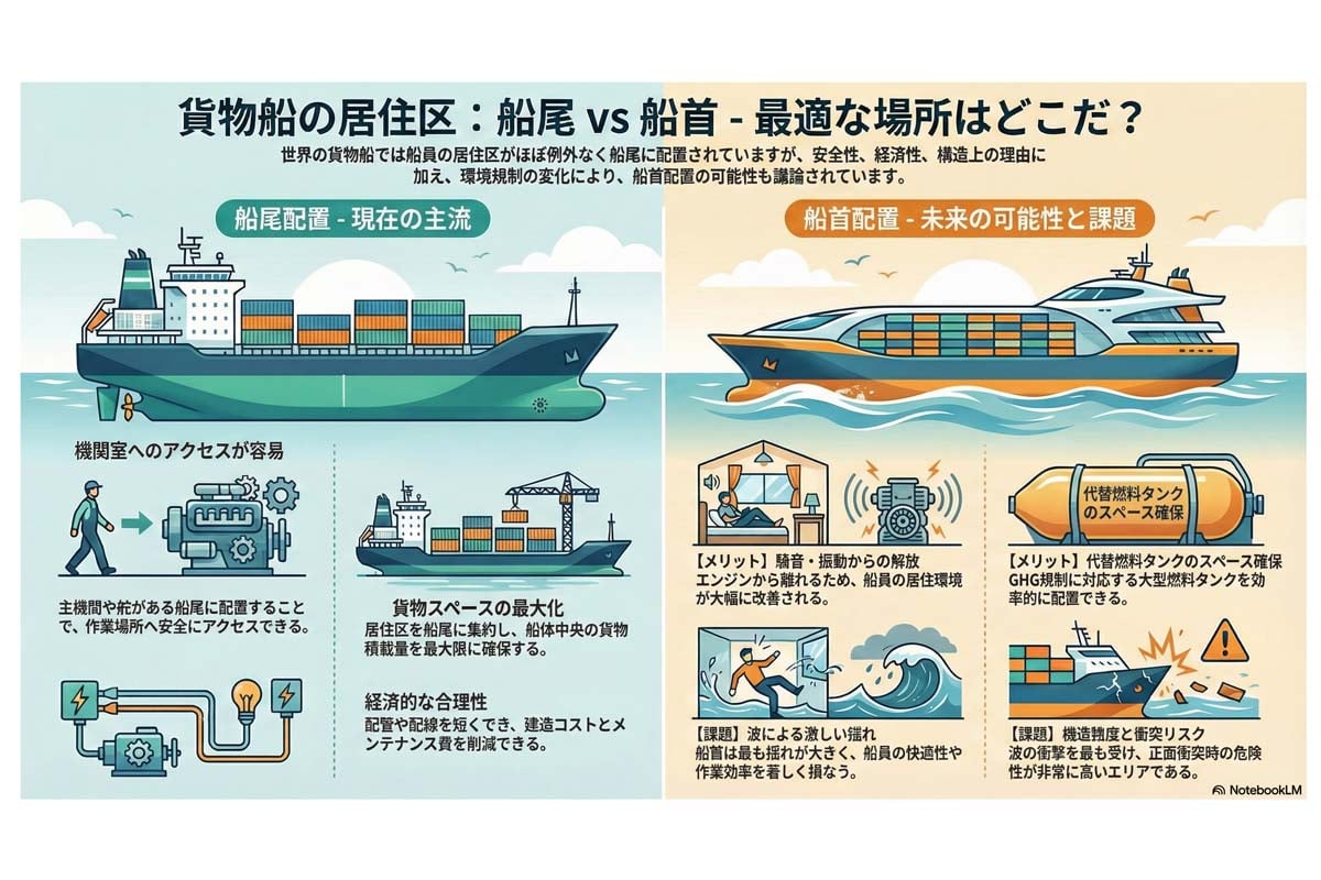 貨物船居住区の配置比較。