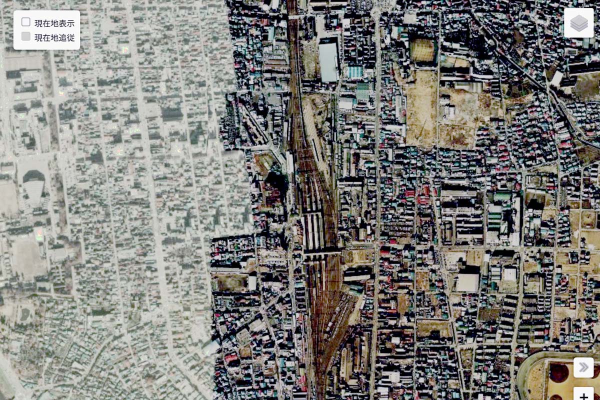 1975年頃の「高崎駅」周辺の航空写真（画像：国土地理院）