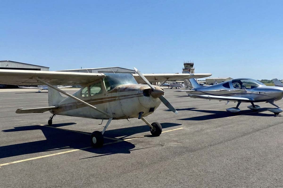 価格帯の広い小型航空機。中古の単発機から最新の軽スポーツ機まで並ぶ市場のイメージ。