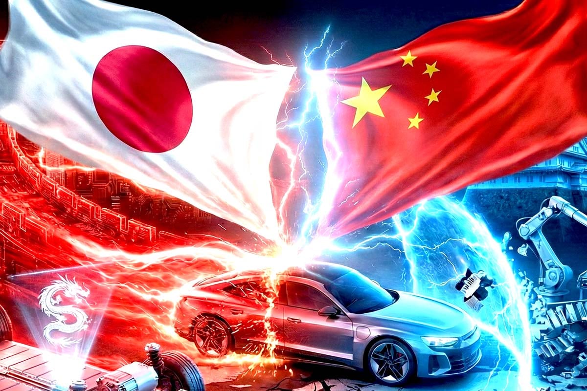 中国EVの知財支配vs日本のものづくりのイメージ。