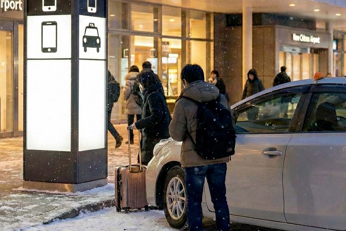 入口横の配車アプリ乗り場イメージ。