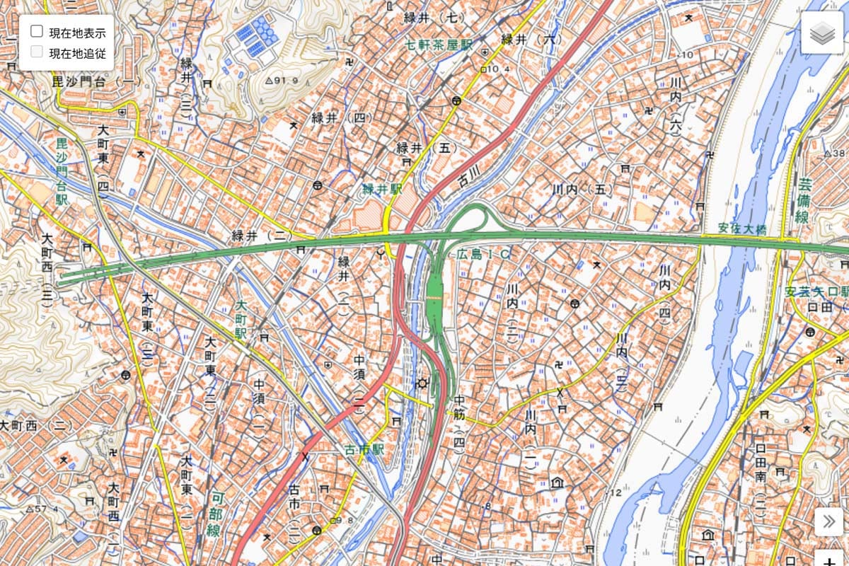 現在の「広島IC」周辺の地図（画像：国土地理院）