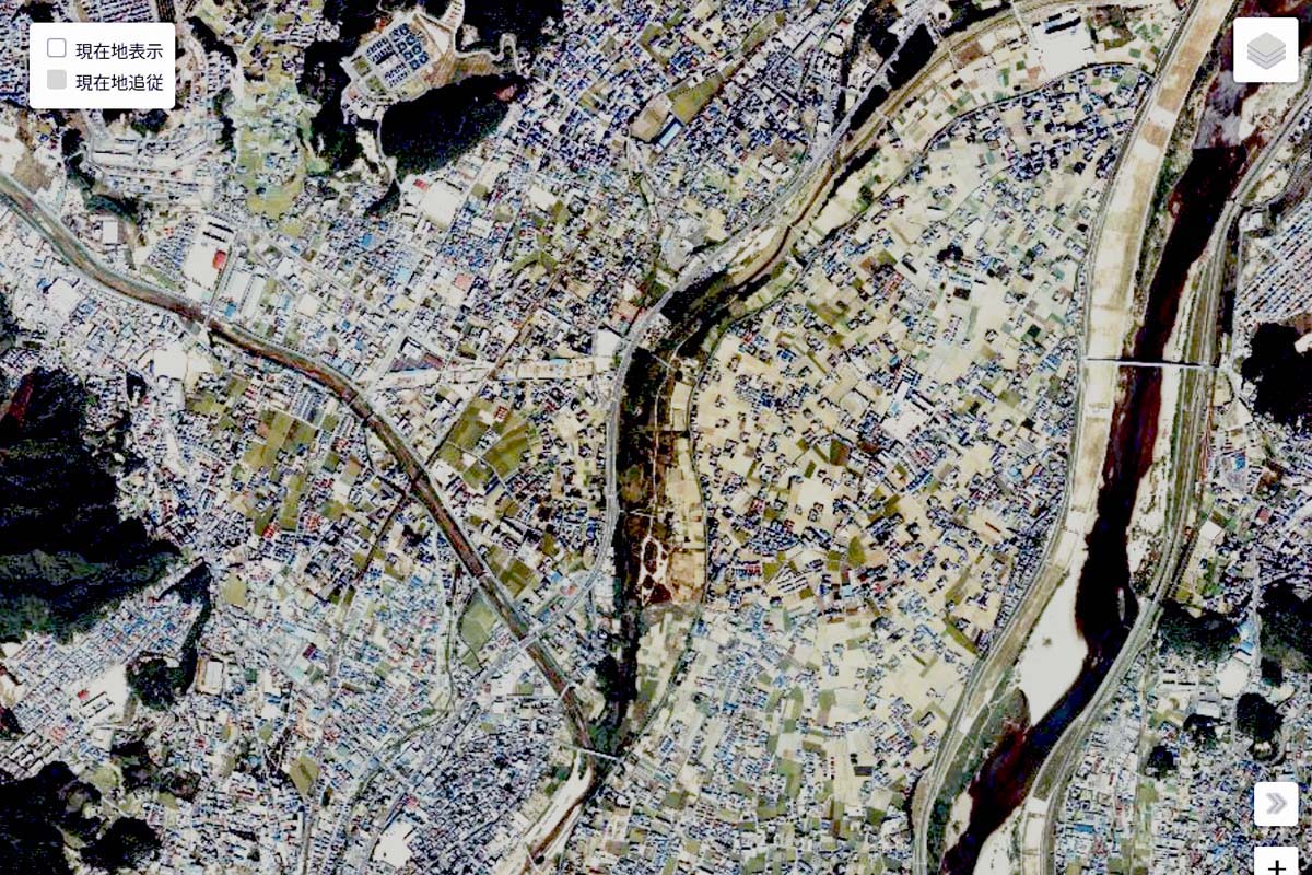 1980年頃に撮影された「広島IC」周辺の航空写真（画像：国土地理院）