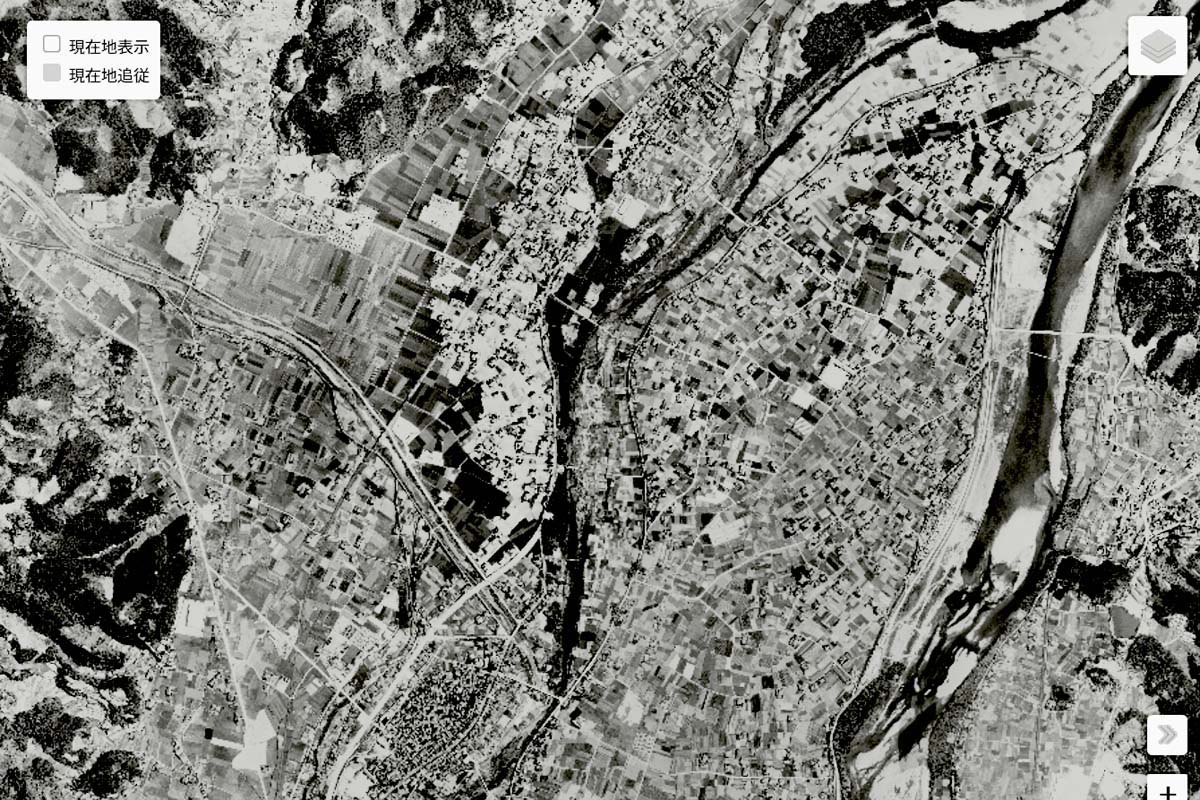1963年頃に撮影された「広島IC」周辺の航空写真（画像：国土地理院）