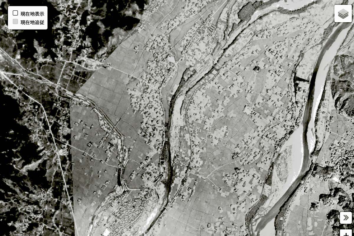 1947年頃に撮影された「広島IC」周辺の航空写真（画像：国土地理院）