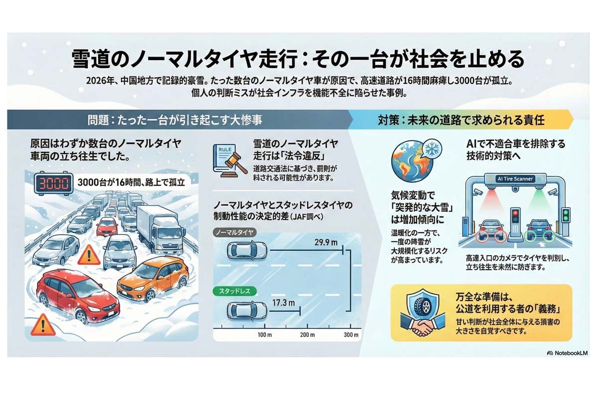雪道ノーマルタイヤ走行の危険性。
