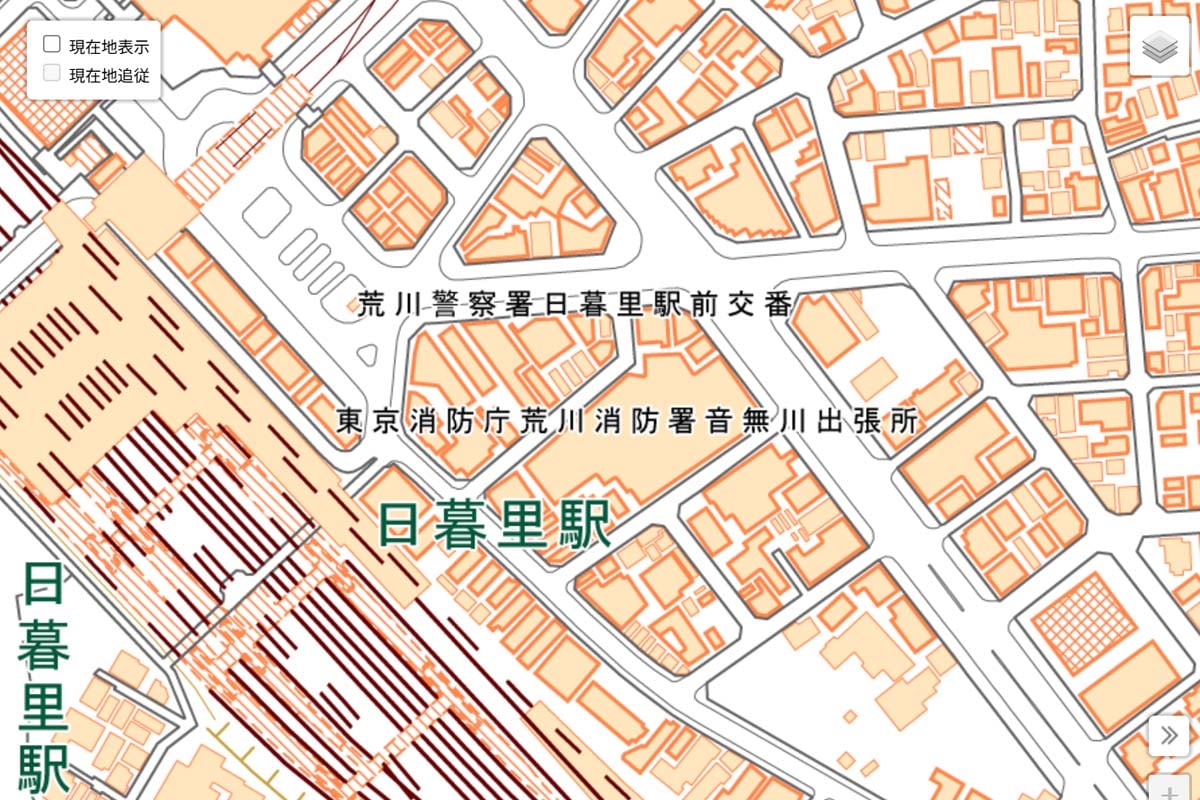 現在の「日暮里駅」周辺の地図（画像：国土地理院）