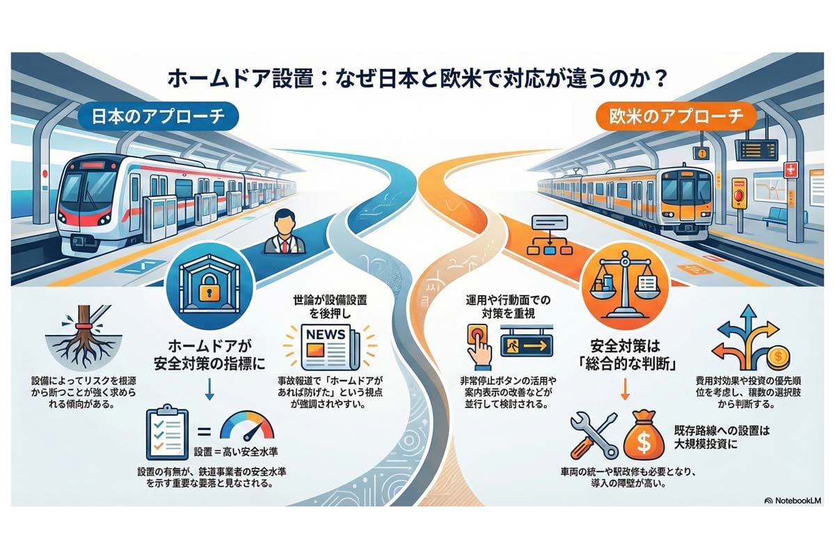 日本と欧米のホームドア設置比較。
