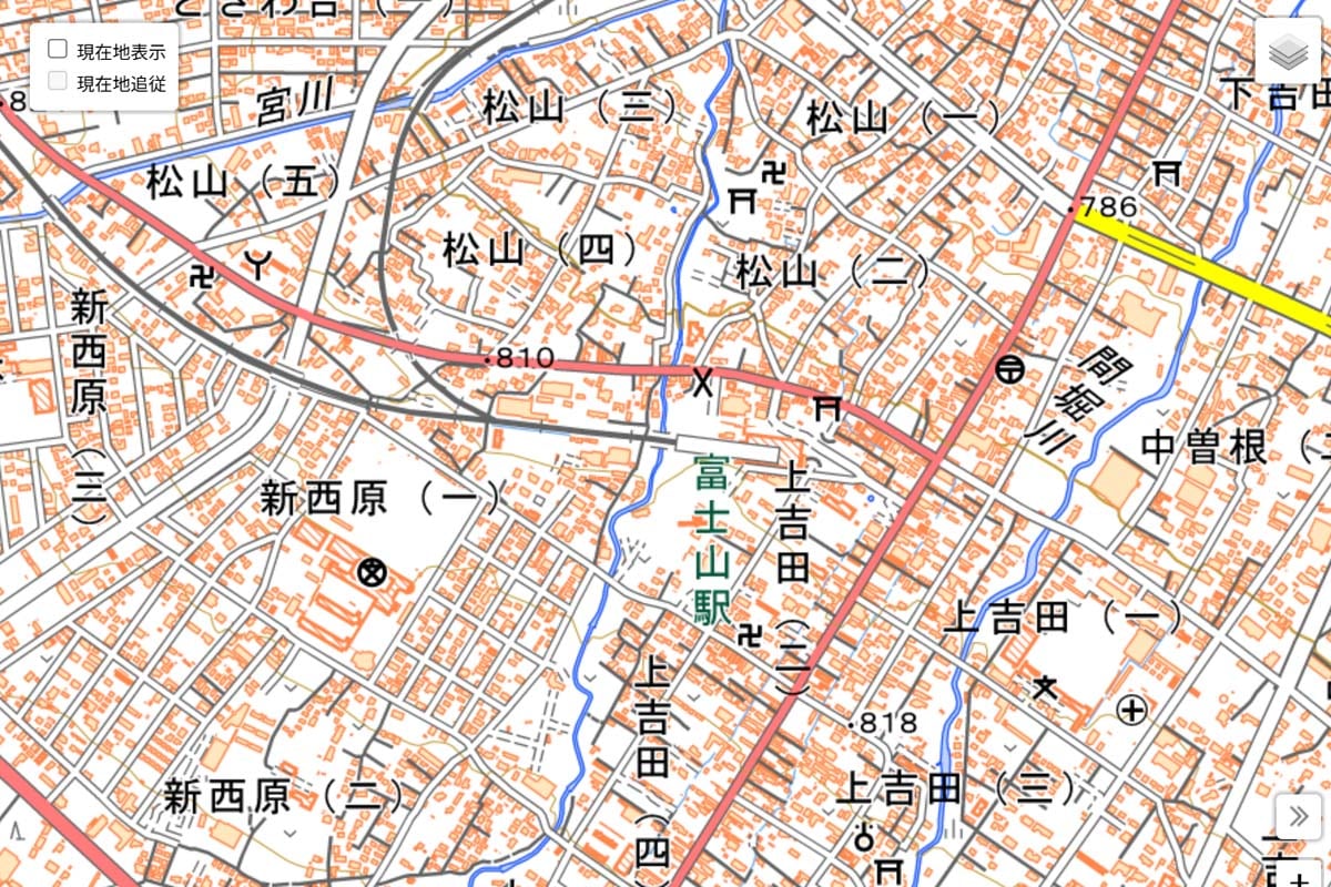 現在の「富士山駅」周辺の地図（画像：国土地理院）