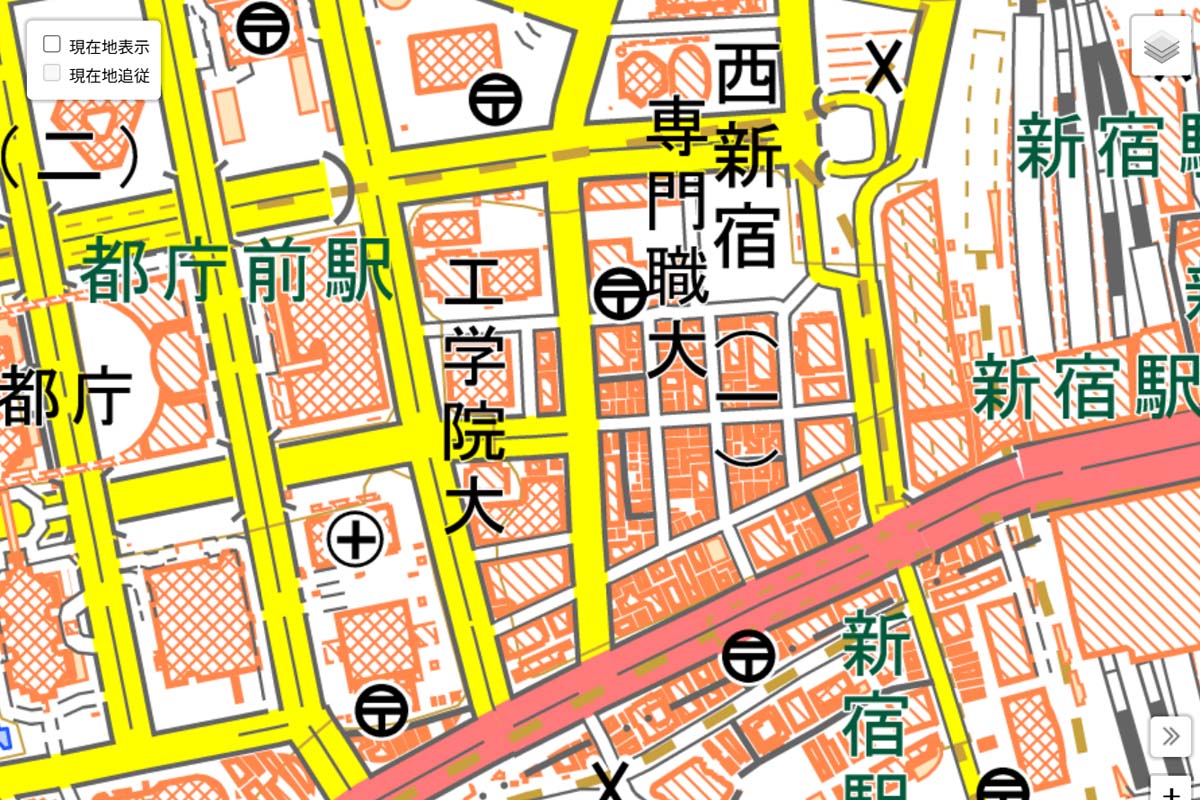 現在の「新宿駅西口」の地図（画像：国土地理院）