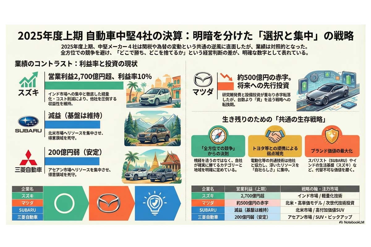 自動車中堅4社の決算戦略。