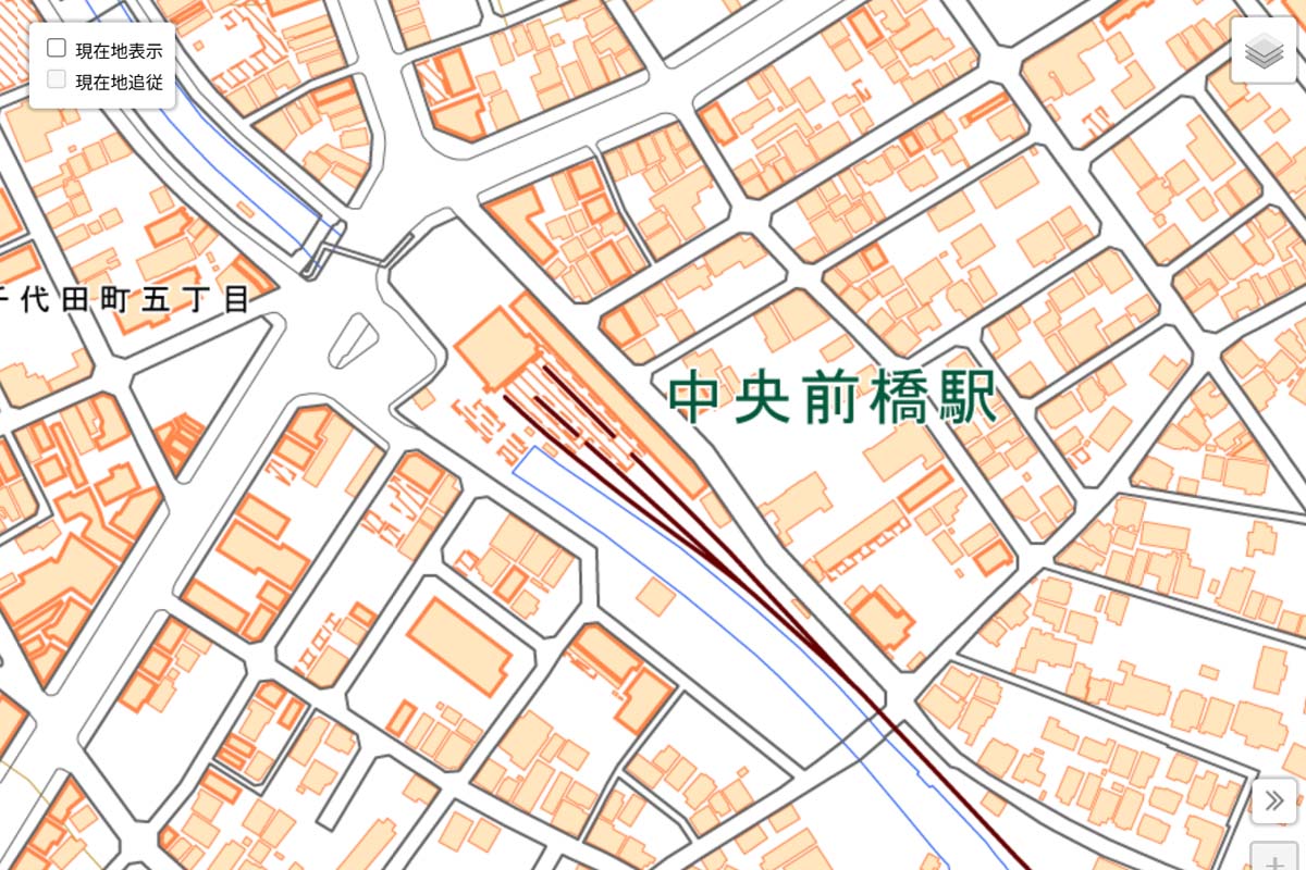 現在の「中央前橋駅」周辺の地図（画像：国土地理院）