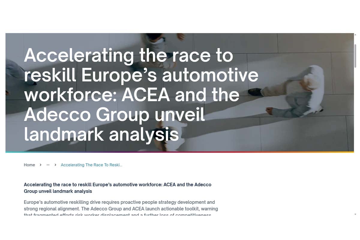 欧州自動車工業会（ACEA）とスイスのAdecco Groupが共同で出したリポート「再教育の競争：欧州自動車労働力の転換加速（The Race to reskill: Speeding up the European automotive workforce transition）」（画像：Adecco Group）