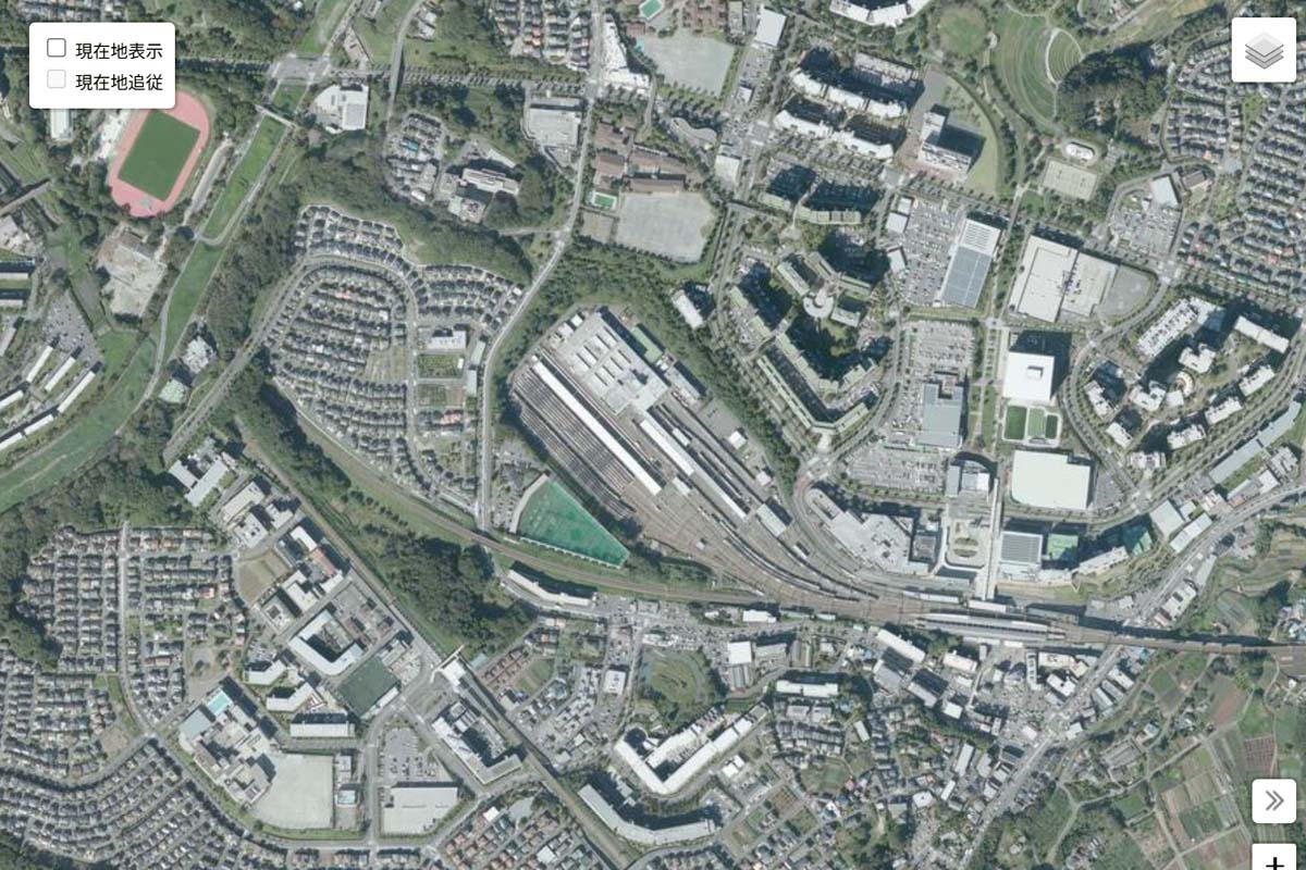 現在の「若葉台車両基地」周辺の航空写真（画像：国土地理院）