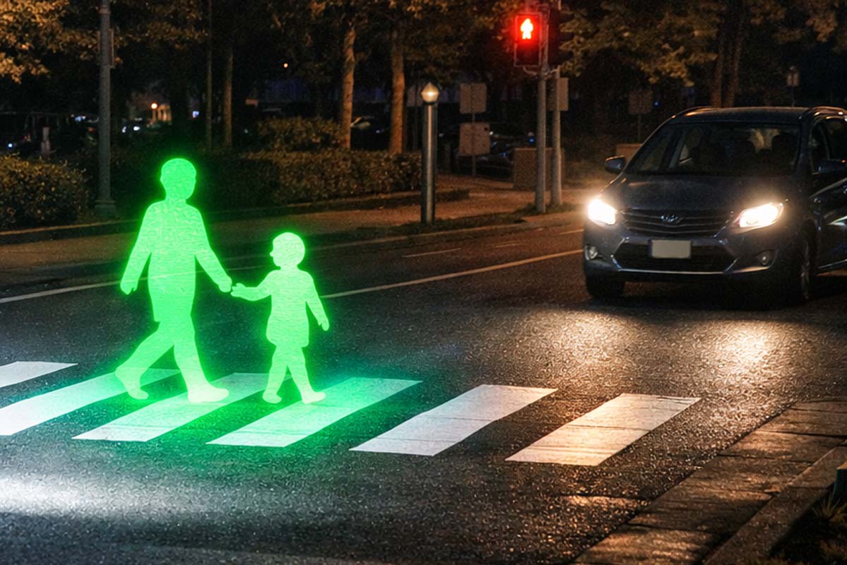 光で歩行者を示し車両が徐行するイメージ。