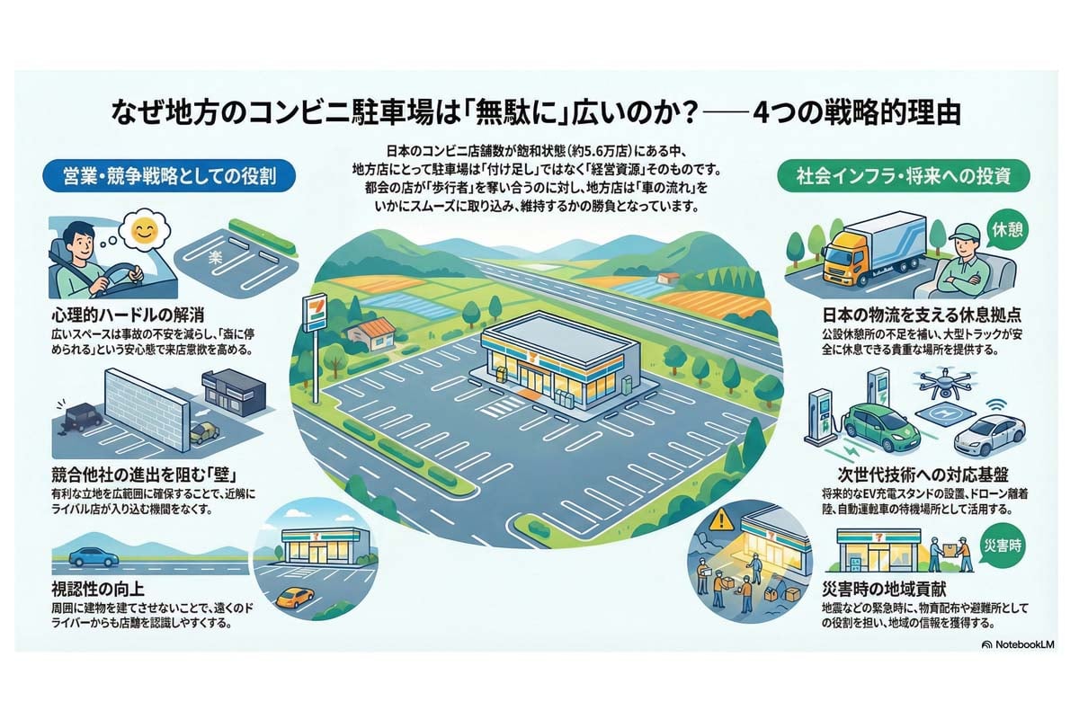 地方コンビニ駐車場 広い理由。