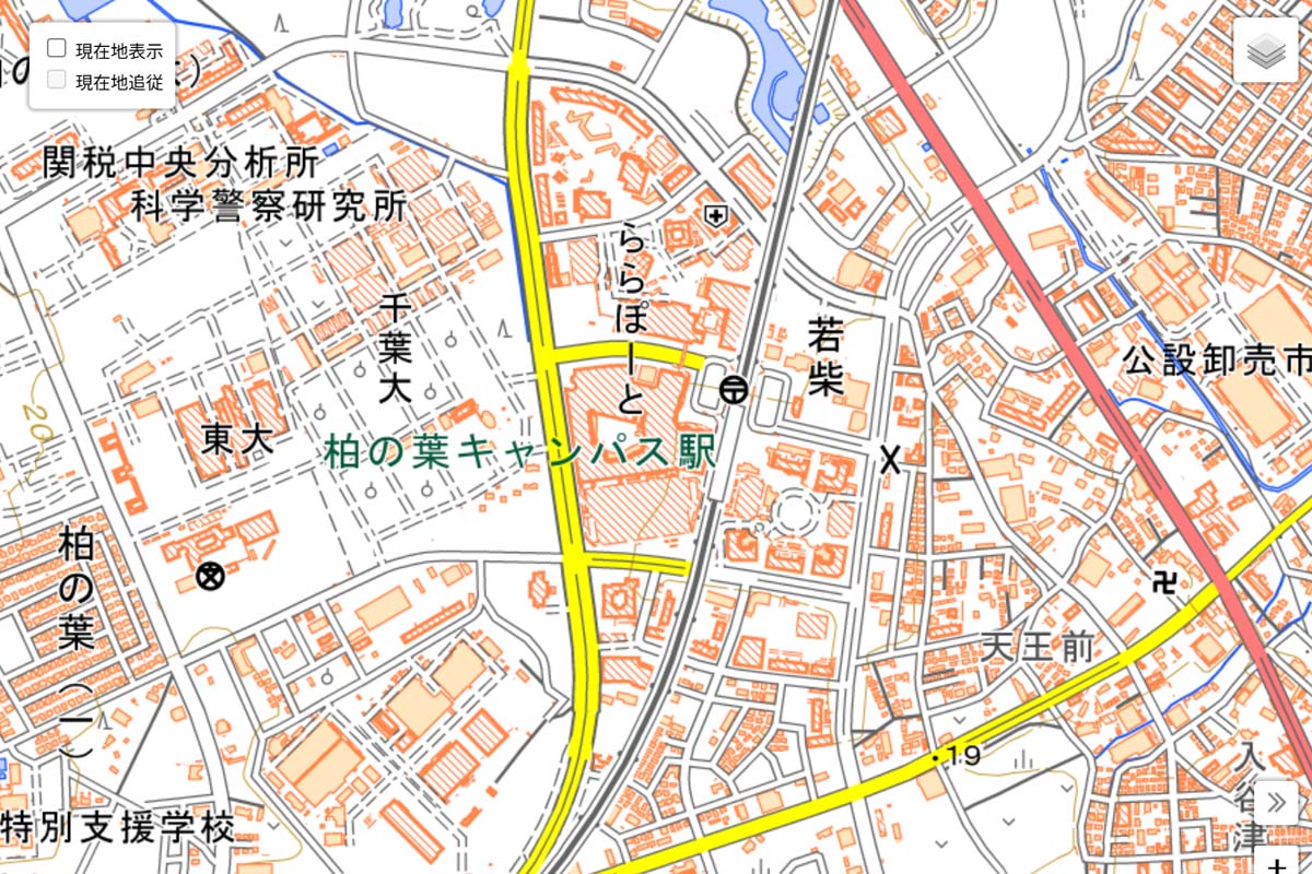 現在の「柏の葉キャンパス駅」周辺の地図（画像：国土地理院）