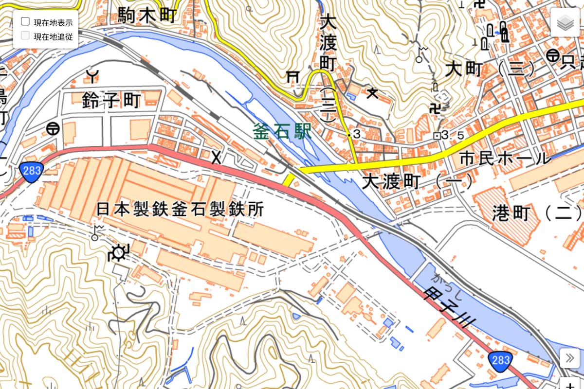 現在の「釜石駅」周辺の地図（画像：国土地理院）
