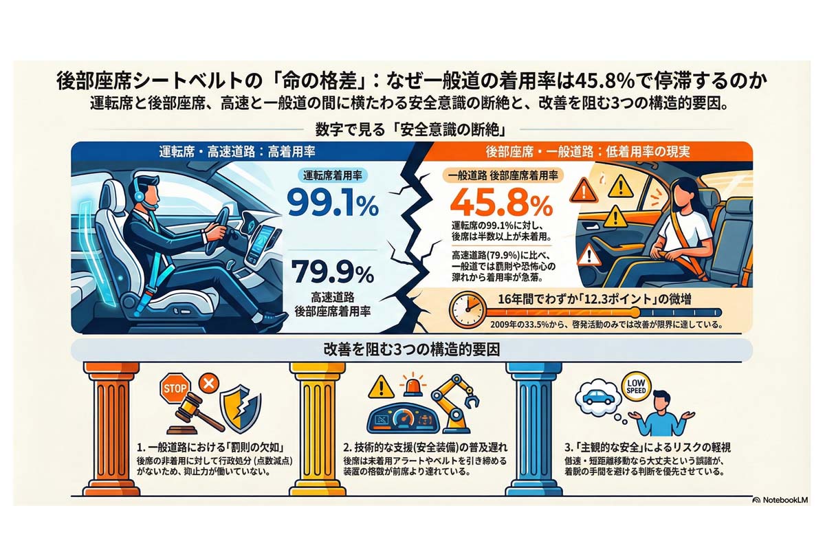 後部座席シートベルトの命の格差。